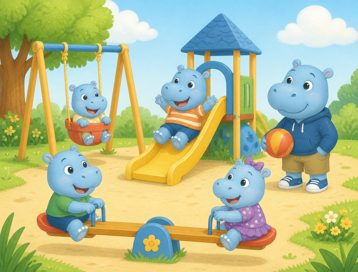 Illustration: Nilpferde in verschiedenen Altersstufen spielen gemeinsam auf einem Spielplatz