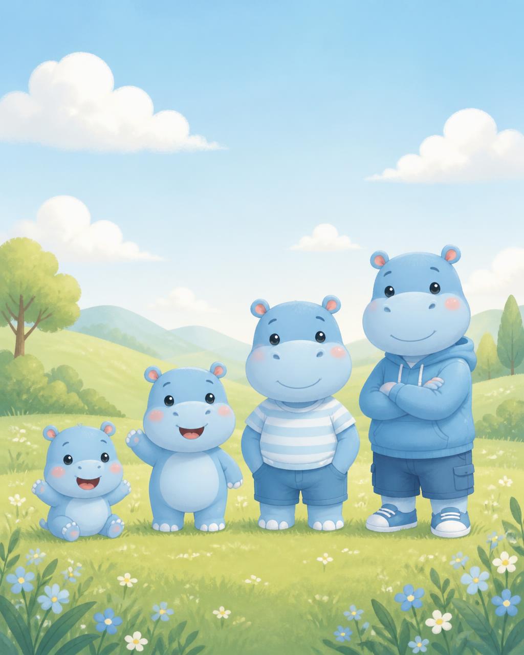 Kindgerechte Illustration: Eine Nilpferd-Familie mit Baby, Kleinkind, Kind und Jugendlichem auf einer sonnigen Blumenwiese